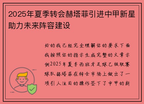 2025年夏季转会赫塔菲引进中甲新星助力未来阵容建设